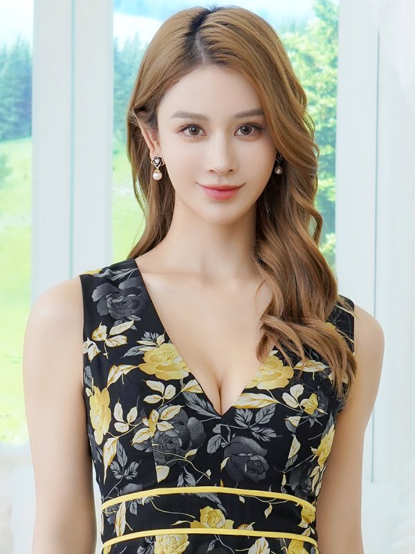 画像4: [送料無料][ERUKEI]イエロー・レッド・花柄・ノースリーブ・Vネック・ティアード・フレア・Aライン・ミニドレス・ワンピース[即日発送][大きいサイズあり] (4)