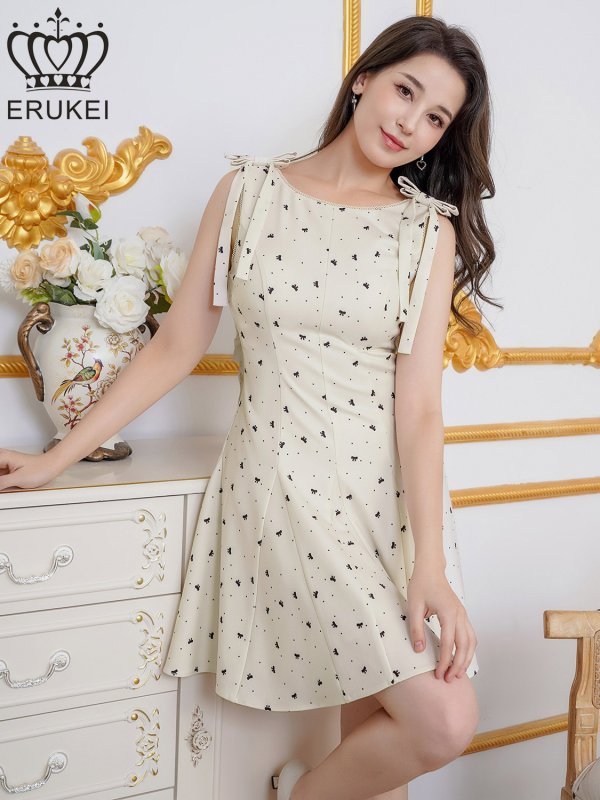 画像2: [送料無料][ERUKEI]アイボリー×ブラック・リボン柄・プリント・ノースリーブ・肩リボン・Aライン・フレア・ミニドレス・ワンピース[即日発送][大きいサイズあり] (2)