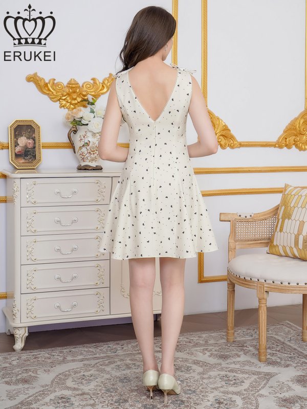 画像3: [送料無料][ERUKEI]アイボリー×ブラック・リボン柄・プリント・ノースリーブ・肩リボン・Aライン・フレア・ミニドレス・ワンピース[即日発送][大きいサイズあり] (3)