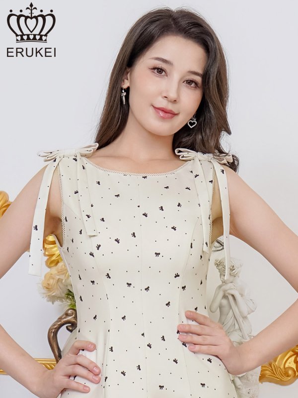 画像4: [送料無料][ERUKEI]アイボリー×ブラック・リボン柄・プリント・ノースリーブ・肩リボン・Aライン・フレア・ミニドレス・ワンピース[即日発送][大きいサイズあり] (4)