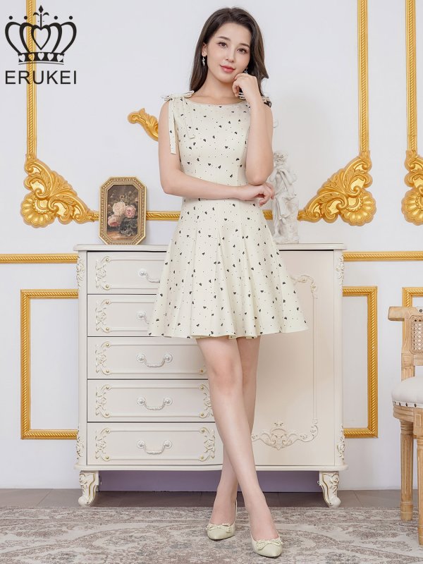 画像5: [送料無料][ERUKEI]アイボリー×ブラック・リボン柄・プリント・ノースリーブ・肩リボン・Aライン・フレア・ミニドレス・ワンピース[即日発送][大きいサイズあり] (5)