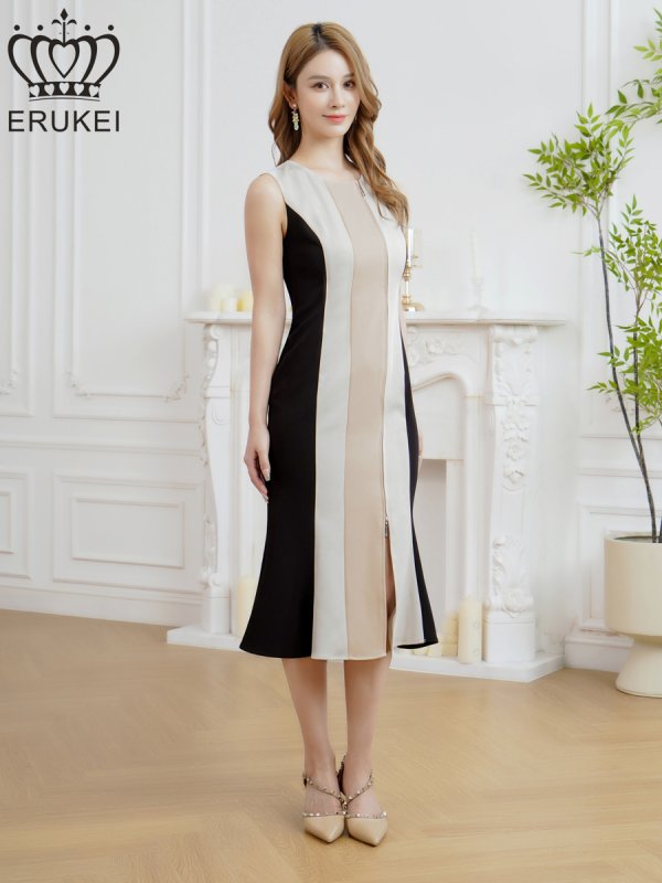 画像2: [送料無料][ERUKEI]ベージュ×ホワイト・トリコロールカラー・フロントジップ・ノースリーブ・タイト・マーメイド・ミディアムドレス・ワンピース[即日発送][大きいサイズあり] (2)