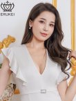 画像4: [送料無料][ERUKEI]ホワイト・グリーン・ワンカラー・サテン・シンプル・Vネック・フリルスリーブ・ビジュー・ウエストマーク・タイト・ミニドレス・ワンピース[即日発送][大きいサイズあり] (4)