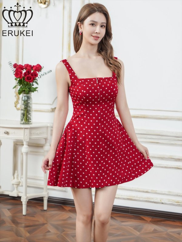 画像2: [送料無料][ERUKEI]レッド×ホワイト・アンゴラレッド・アイボリー×ブラック・ドット・ワンカラー・ノースリーブ・フロントジップ・バックスピンドル・Aライン・フレア・ミニドレス・ワンピース[即日発送][大きいサイズあり] (2)