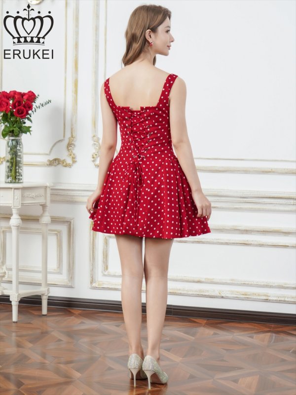 画像3: [送料無料][ERUKEI]レッド×ホワイト・アンゴラレッド・アイボリー×ブラック・ドット・ワンカラー・ノースリーブ・フロントジップ・バックスピンドル・Aライン・フレア・ミニドレス・ワンピース[即日発送][大きいサイズあり] (3)