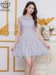 画像1: [送料無料][ERUKEI]ブルー・総レース・ケミカルレース・ビジュー・ノースリーブ・Aライン・フレア・ミニドレス・ワンピース[即日発送][大きいサイズあり] (1)