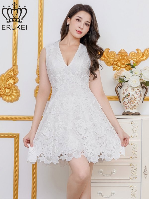 画像7: [送料無料][ERUKEI]ブルー・ホワイト・ワインレッド・総レース・ケミカルレース・ノースリーブ・Vネック・Aライン・ミニドレス・ワンピース[即日発送][大きいサイズあり] (7)