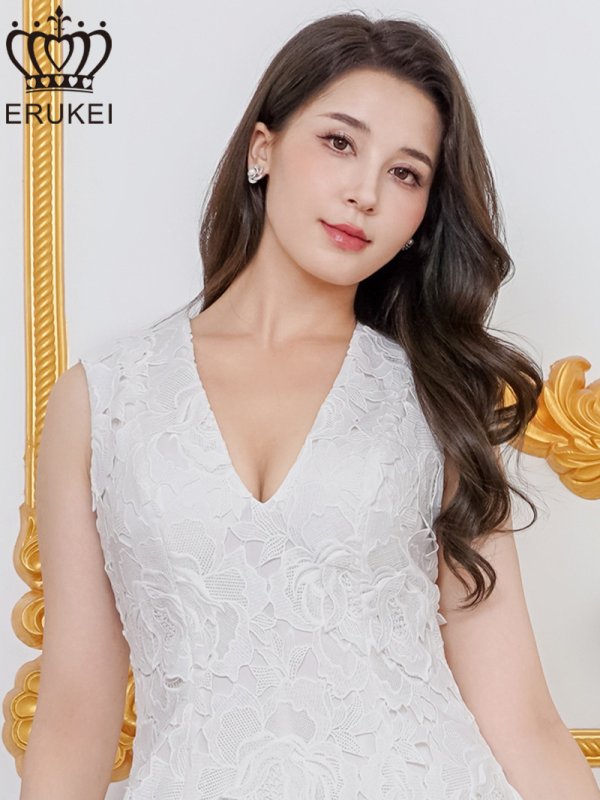 画像10: [送料無料][ERUKEI]ブルー・ホワイト・ワインレッド・総レース・ケミカルレース・ノースリーブ・Vネック・Aライン・ミニドレス・ワンピース[即日発送][大きいサイズあり] (10)