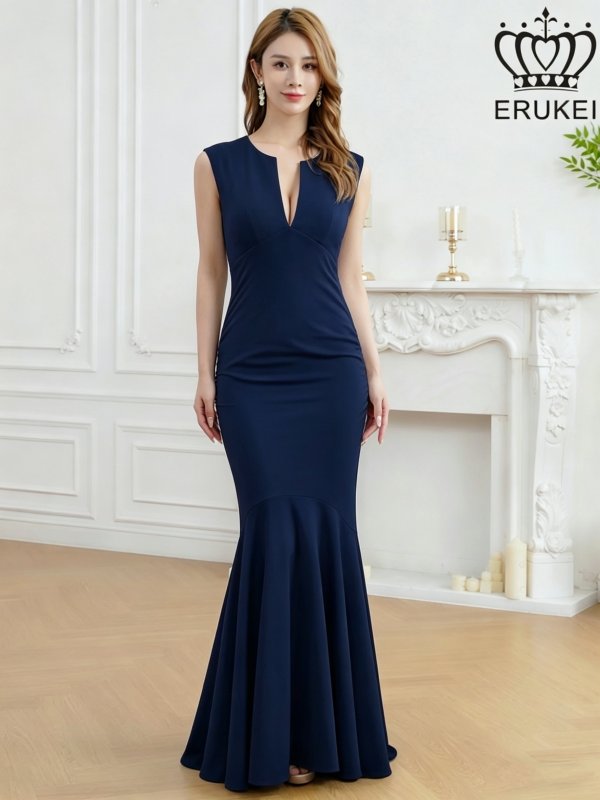 画像13: [送料無料][ERUKEI]ロイヤルブルー・ホワイト・ネイビー・ワンカラー・シンプル・胸元スリットカット・ノースリーブ・ストレッチ・タイト・マーメイド・ロングドレス[即日発送][大きいサイズあり] (13)