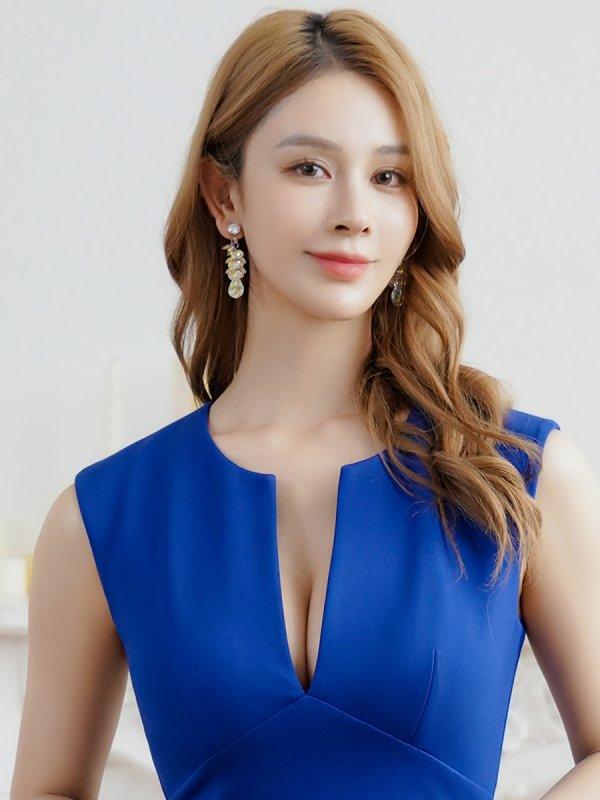 画像4: [送料無料][ERUKEI]ロイヤルブルー・ホワイト・ネイビー・ワンカラー・シンプル・胸元スリットカット・ノースリーブ・ストレッチ・タイト・マーメイド・ロングドレス[即日発送][大きいサイズあり] (4)