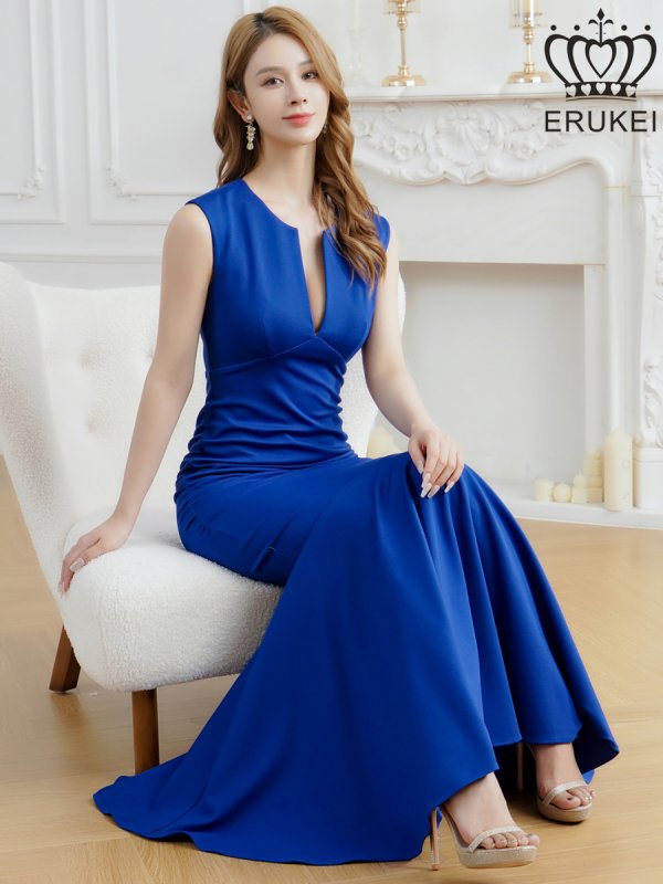 画像6: [送料無料][ERUKEI]ロイヤルブルー・ホワイト・ネイビー・ワンカラー・シンプル・胸元スリットカット・ノースリーブ・ストレッチ・タイト・マーメイド・ロングドレス[即日発送][大きいサイズあり] (6)