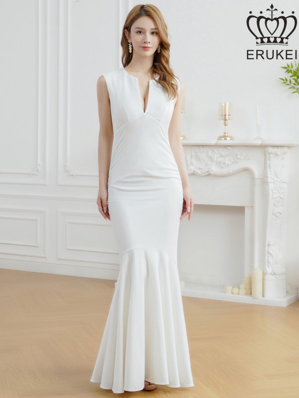 画像7: [送料無料][ERUKEI]ロイヤルブルー・ホワイト・ネイビー・ワンカラー・シンプル・胸元スリットカット・ノースリーブ・ストレッチ・タイト・マーメイド・ロングドレス[即日発送][大きいサイズあり] (7)