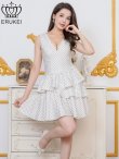 画像2: [送料無料][ERUKEI]ホワイト・ピンク・グリーン・ドット・プリント・ノースリーブ・Vネック・アシンメトリー・変形・ティアード・フレア・Aライン・ミニドレス・ワンピース[即日発送][大きいサイズあり] (2)