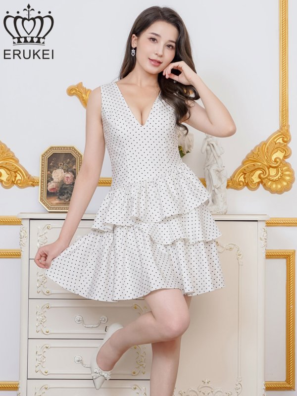 画像2: [送料無料][ERUKEI]ホワイト・ピンク・グリーン・ドット・プリント・ノースリーブ・Vネック・アシンメトリー・変形・ティアード・フレア・Aライン・ミニドレス・ワンピース[即日発送][大きいサイズあり] (2)