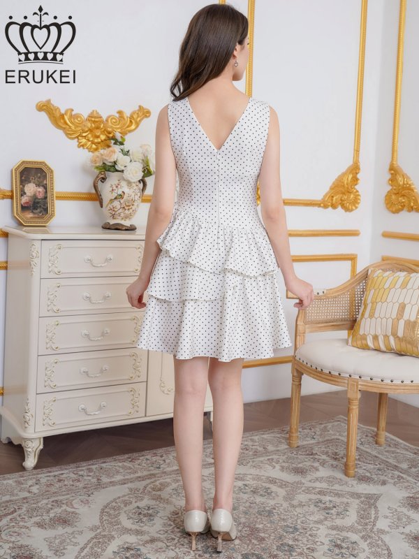 画像3: [送料無料][ERUKEI]ホワイト・ピンク・グリーン・ドット・プリント・ノースリーブ・Vネック・アシンメトリー・変形・ティアード・フレア・Aライン・ミニドレス・ワンピース[即日発送][大きいサイズあり] (3)