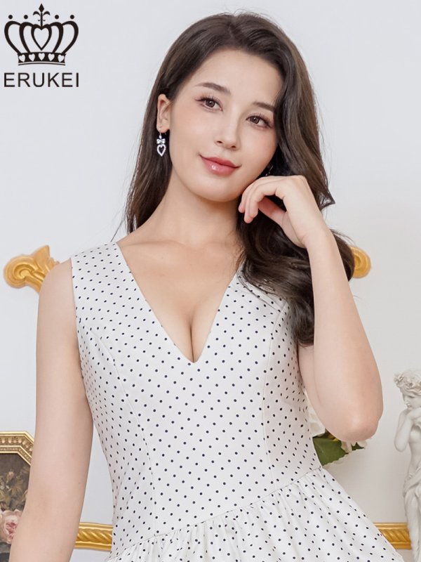 画像4: [送料無料][ERUKEI]ホワイト・ピンク・グリーン・ドット・プリント・ノースリーブ・Vネック・アシンメトリー・変形・ティアード・フレア・Aライン・ミニドレス・ワンピース[即日発送][大きいサイズあり] (4)