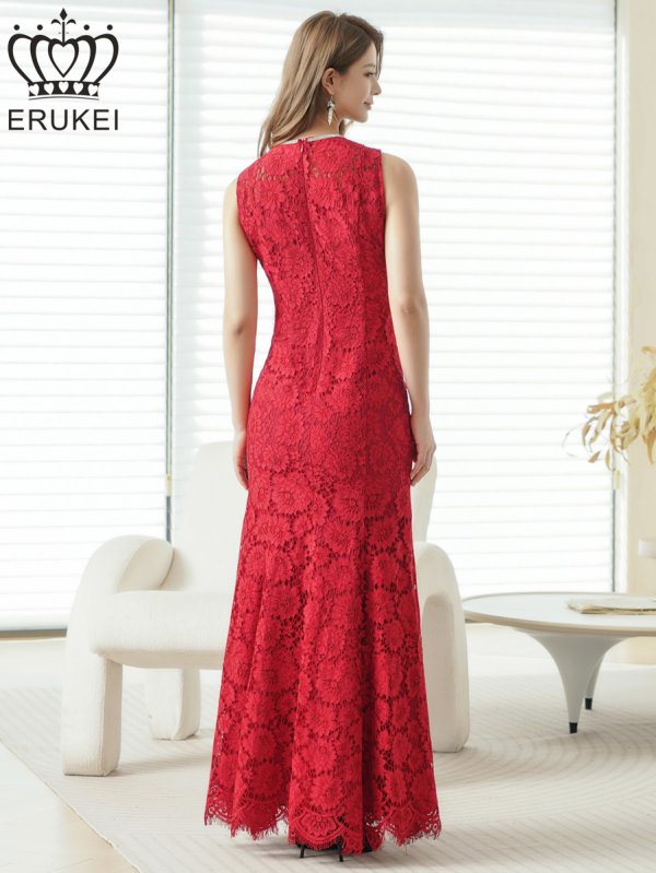 画像3: [送料無料][ERUKEI]レッド・ホワイト・総レース・ネックビジュー・ラインストーン・ノースリーブ・スリット・マーメイド・ロングドレス[即日発送][大きいサイズあり] (3)