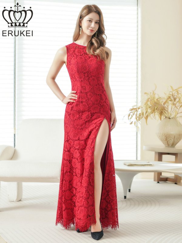 画像5: [送料無料][ERUKEI]レッド・ホワイト・総レース・ネックビジュー・ラインストーン・ノースリーブ・スリット・マーメイド・ロングドレス[即日発送][大きいサイズあり] (5)