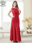 画像6: [送料無料][ERUKEI]レッド・ホワイト・総レース・ネックビジュー・ラインストーン・ノースリーブ・スリット・マーメイド・ロングドレス[即日発送][大きいサイズあり] (6)