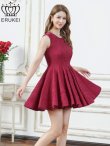 画像1: [送料無料][ERUKEI]ワインレッド・ホワイト・イエロー・ワンカラー・シャイニーサテン・シワ加工・ネックビジュー・シンプル・ノースリーブ・フレア・Aライン・ミニドレス・ワンピース[即日発送][大きいサイズあり] (1)