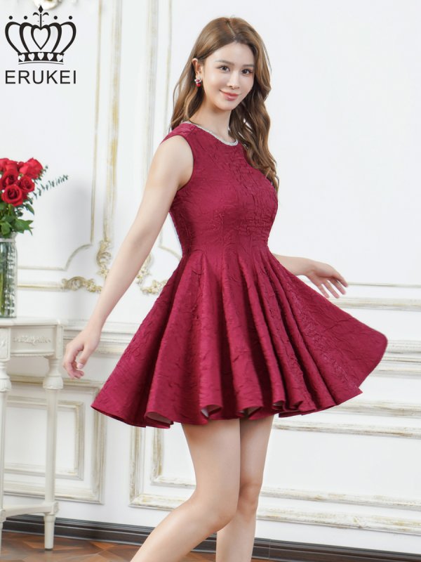 画像1: [送料無料][ERUKEI]ワインレッド・ホワイト・イエロー・ワンカラー・シャイニーサテン・シワ加工・ネックビジュー・シンプル・ノースリーブ・フレア・Aライン・ミニドレス・ワンピース[即日発送][大きいサイズあり] (1)