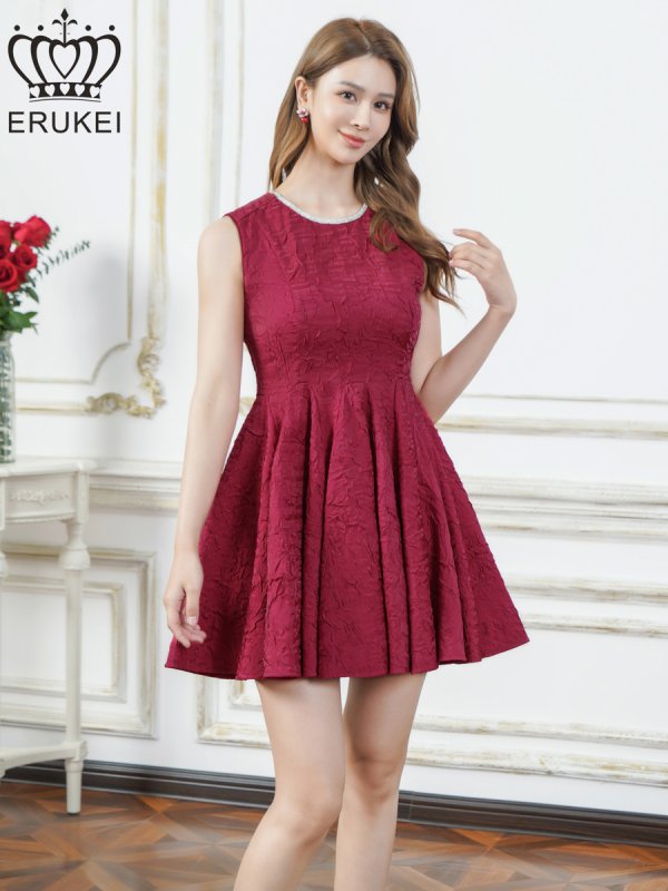 画像2: [送料無料][ERUKEI]ワインレッド・ホワイト・イエロー・ワンカラー・シャイニーサテン・シワ加工・ネックビジュー・シンプル・ノースリーブ・フレア・Aライン・ミニドレス・ワンピース[即日発送][大きいサイズあり] (2)