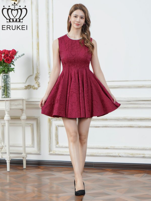 画像5: [送料無料][ERUKEI]ワインレッド・ホワイト・イエロー・ワンカラー・シャイニーサテン・シワ加工・ネックビジュー・シンプル・ノースリーブ・フレア・Aライン・ミニドレス・ワンピース[即日発送][大きいサイズあり] (5)