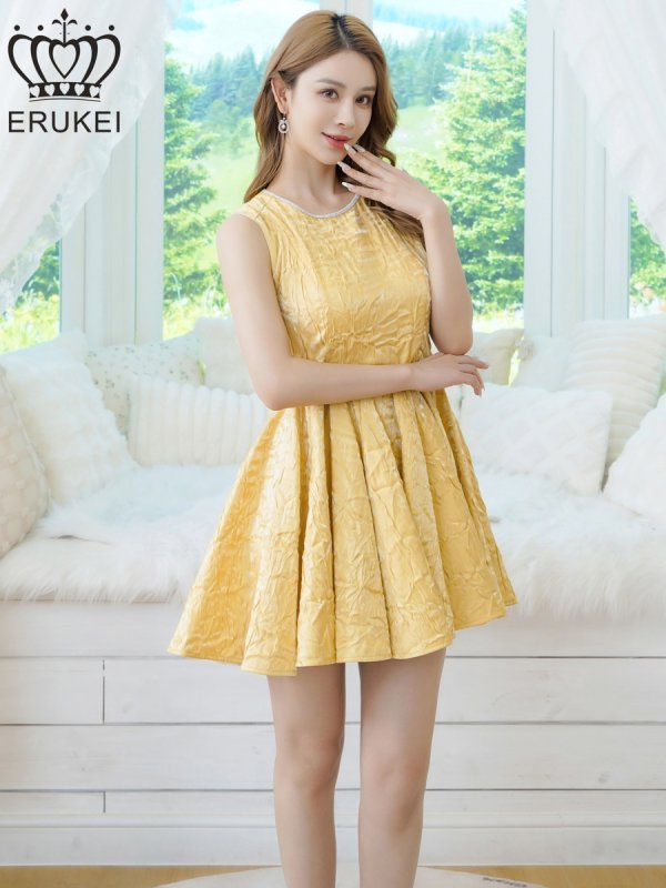 画像5: [送料無料][ERUKEI]イエロー・ホワイト・ワインレッド・ワンカラー・シャイニーサテン・シワ加工・ネックビジュー・シンプル・ノースリーブ・フレア・Aライン・ミニドレス・ワンピース[即日発送][大きいサイズあり] (5)