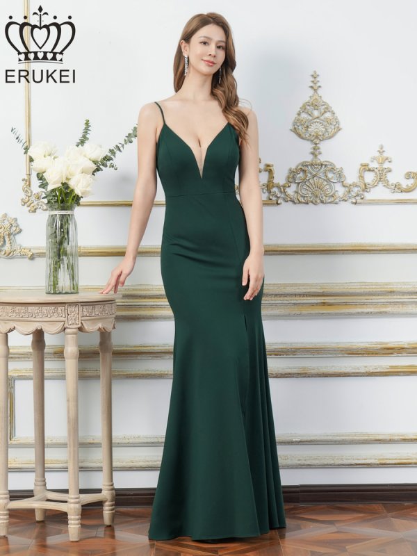 画像14: [送料無料][ERUKEI]ワインレッド・ホワイト・グリーン・マスタード・ネイビー・ワンカラー・シンプル・キャミソール・Vカット・シアー・スリット・タイト・マーメイド・ロングドレス[即日発送][大きいサイズあり] (14)