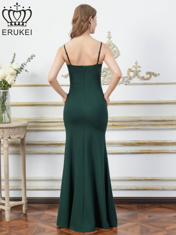 画像15: [送料無料][ERUKEI]ワインレッド・ホワイト・グリーン・マスタード・ネイビー・ワンカラー・シンプル・キャミソール・Vカット・シアー・スリット・タイト・マーメイド・ロングドレス[即日発送][大きいサイズあり] (15)