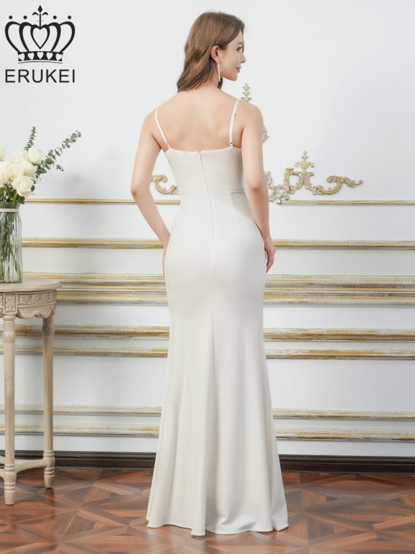 画像9: [送料無料][ERUKEI]ワインレッド・ホワイト・グリーン・マスタード・ネイビー・ワンカラー・シンプル・キャミソール・Vカット・シアー・スリット・タイト・マーメイド・ロングドレス[即日発送][大きいサイズあり] (9)