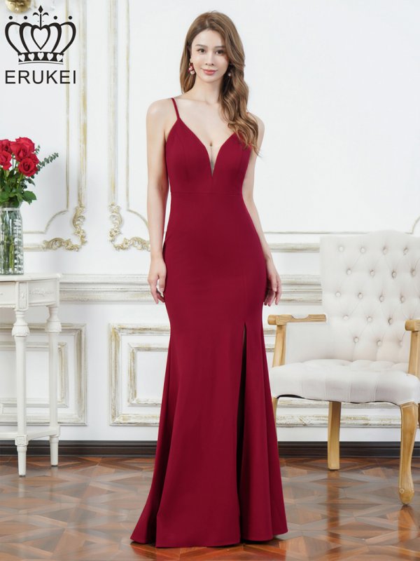 画像1: [送料無料][ERUKEI]ワインレッド・ホワイト・グリーン・マスタード・ネイビー・ワンカラー・シンプル・キャミソール・Vカット・シアー・スリット・タイト・マーメイド・ロングドレス[即日発送][大きいサイズあり] (1)
