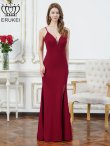 画像2: [送料無料][ERUKEI]ワインレッド・ホワイト・グリーン・マスタード・ネイビー・ワンカラー・シンプル・キャミソール・Vカット・シアー・スリット・タイト・マーメイド・ロングドレス[即日発送][大きいサイズあり] (2)