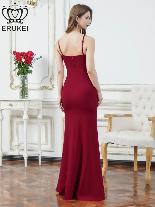 画像3: [送料無料][ERUKEI]ワインレッド・ホワイト・グリーン・マスタード・ネイビー・ワンカラー・シンプル・キャミソール・Vカット・シアー・スリット・タイト・マーメイド・ロングドレス[即日発送][大きいサイズあり] (3)