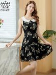 画像2: [送料無料][ERUKEI]ブラック×ホワイト・バタフライ柄・プリント・ローカラー・襟付き・アメリカンスリーブ・ティアード・Aライン・ミニドレス・ワンピース[即日発送][大きいサイズあり] (2)