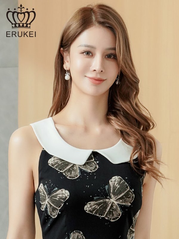 画像4: [送料無料][ERUKEI]ブラック×ホワイト・バタフライ柄・プリント・ローカラー・襟付き・アメリカンスリーブ・ティアード・Aライン・ミニドレス・ワンピース[即日発送][大きいサイズあり] (4)