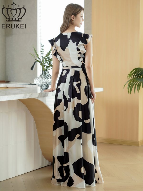 画像3: [送料無料][ERUKEI]ブラック×ホワイト・抽象柄・プリント・サテン・フリルスリーブ・Vネック・タック・ベルト風・スリット・Aライン・ロングドレス[即日発送][大きいサイズあり] (3)