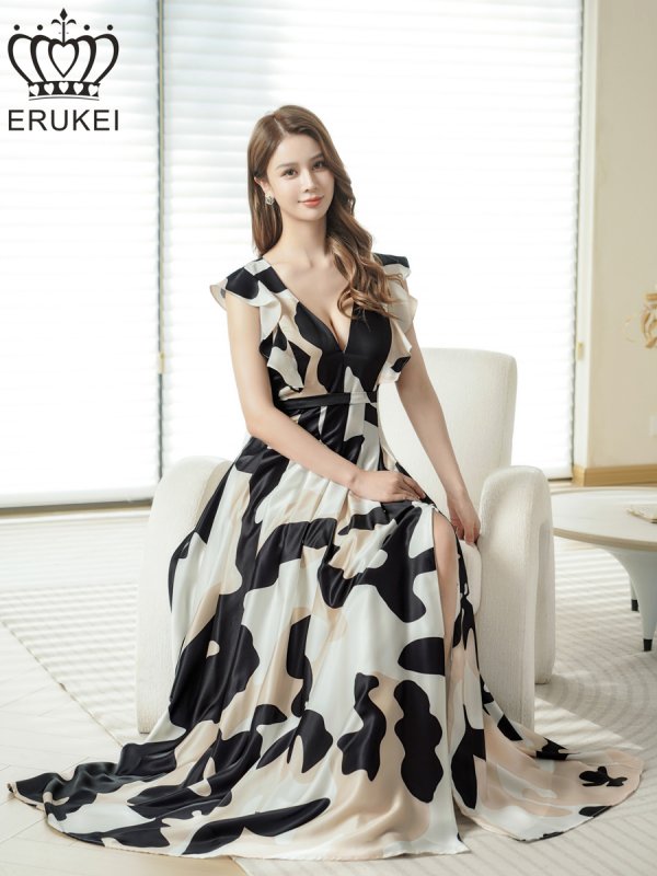 画像6: [送料無料][ERUKEI]ブラック×ホワイト・抽象柄・プリント・サテン・フリルスリーブ・Vネック・タック・ベルト風・スリット・Aライン・ロングドレス[即日発送][大きいサイズあり] (6)