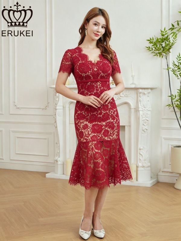 画像7: [ERUKEI]ホワイト・レッド・ワンカラー・総レース・フリンジ・半袖・インナーミニ・タイト・マーメイド・ミディアムドレス・ワンピース[即日発送][大きいサイズあり] (7)