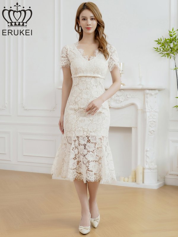 画像1: [ERUKEI]ホワイト・レッド・ワンカラー・総レース・フリンジ・半袖・インナーミニ・タイト・マーメイド・ミディアムドレス・ワンピース[即日発送][大きいサイズあり] (1)