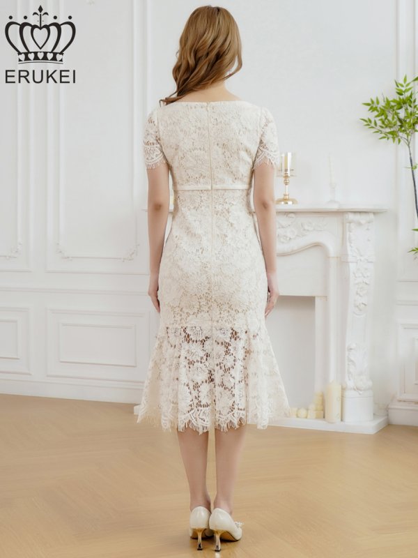 画像3: [ERUKEI]ホワイト・レッド・ワンカラー・総レース・フリンジ・半袖・インナーミニ・タイト・マーメイド・ミディアムドレス・ワンピース[即日発送][大きいサイズあり] (3)