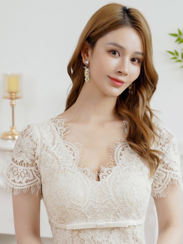 画像4: [ERUKEI]ホワイト・レッド・ワンカラー・総レース・フリンジ・半袖・インナーミニ・タイト・マーメイド・ミディアムドレス・ワンピース[即日発送][大きいサイズあり] (4)