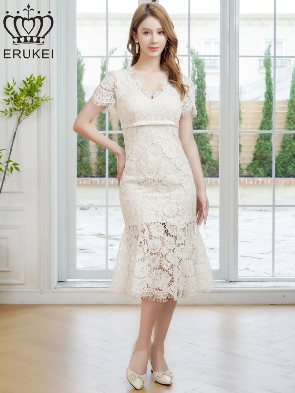 画像5: [ERUKEI]ホワイト・レッド・ワンカラー・総レース・フリンジ・半袖・インナーミニ・タイト・マーメイド・ミディアムドレス・ワンピース[即日発送][大きいサイズあり] (5)