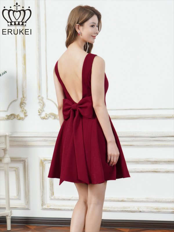 画像1: [送料無料][ERUKEI]レッド・グリーン・グレー・ワンカラー・リボン・背中見せ・Aライン・フレア・ミニドレス・ワンピース[即日発送][大きいサイズあり] (1)