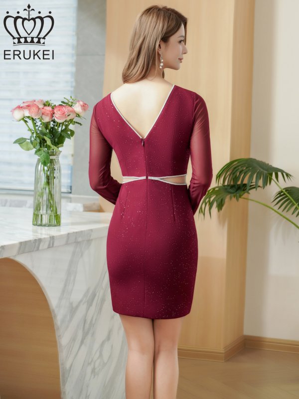 画像3: [送料無料][ERUKEI]ワインレッド・ラメ・カットアウト・ラインストーン・メッシュ・長袖・ロングスリーブ・タイト・ミニドレス・ワンピース[即日発送][大きいサイズあり] (3)