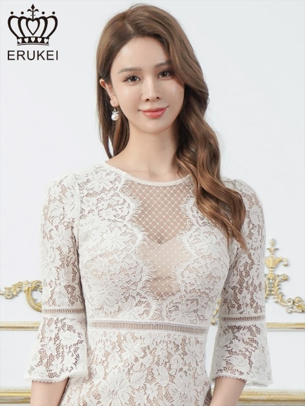 画像4: [送料無料][ERUKEI]ホワイト・総レース・シアー・七分袖・ベルスリーブ・タイト・ミディアムドレス・ワンピース[即日発送][大きいサイズあり] (4)