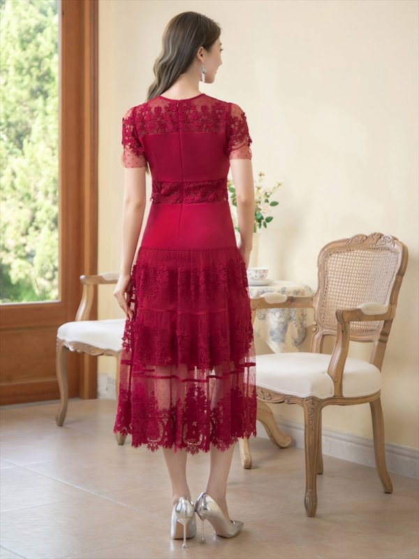 画像9: [送料無料][ERUKEI]ホワイト・ワインレッド・刺繍・Aライン・ひざ下・ミディアムドレス・ワンピース[即日発送][大きいサイズあり] (9)