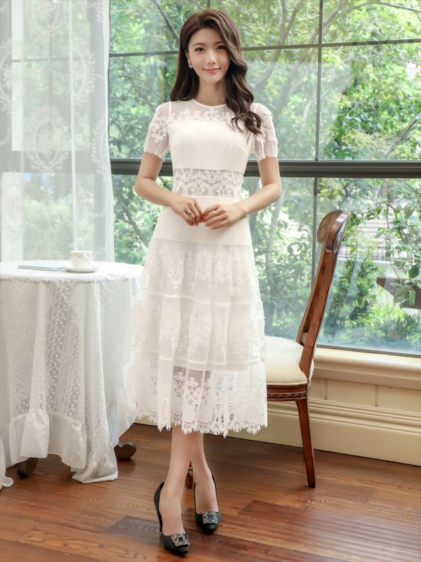 画像5: [送料無料][ERUKEI]ホワイト・ワインレッド・刺繍・Aライン・ひざ下・ミディアムドレス・ワンピース[即日発送][大きいサイズあり] (5)