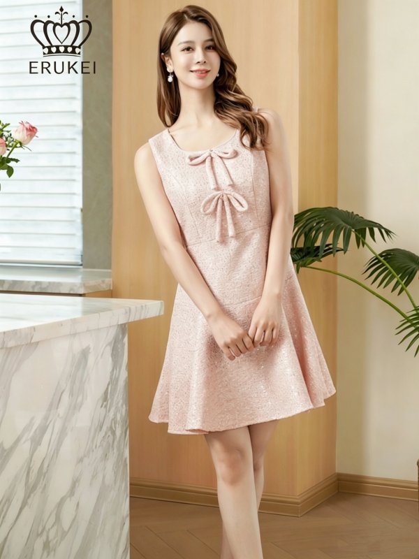画像2: [送料無料][ERUKEI]ピンク・ツイード・リボン・スパンコール・フレア・Aライン・ノースリーブ・ミニドレス・ワンピース[即日発送][大きいサイズあり] (2)