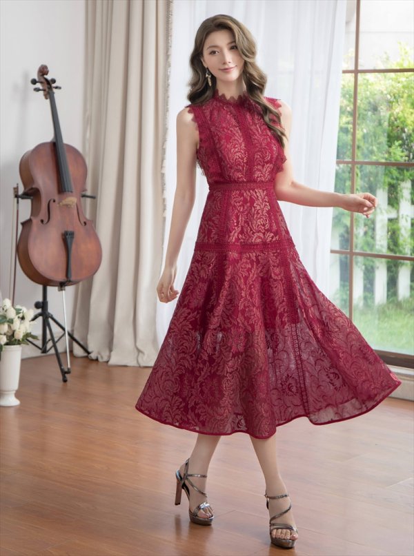 画像8: [送料無料][ERUKEI]ネイビー・ワインレッド・ピンク・ベージュ・ホワイト・総レース・プチハイネック・ノースリーブ・Aライン・ミディアムドレス・ワンピース[即日発送][大きいサイズあり] (8)